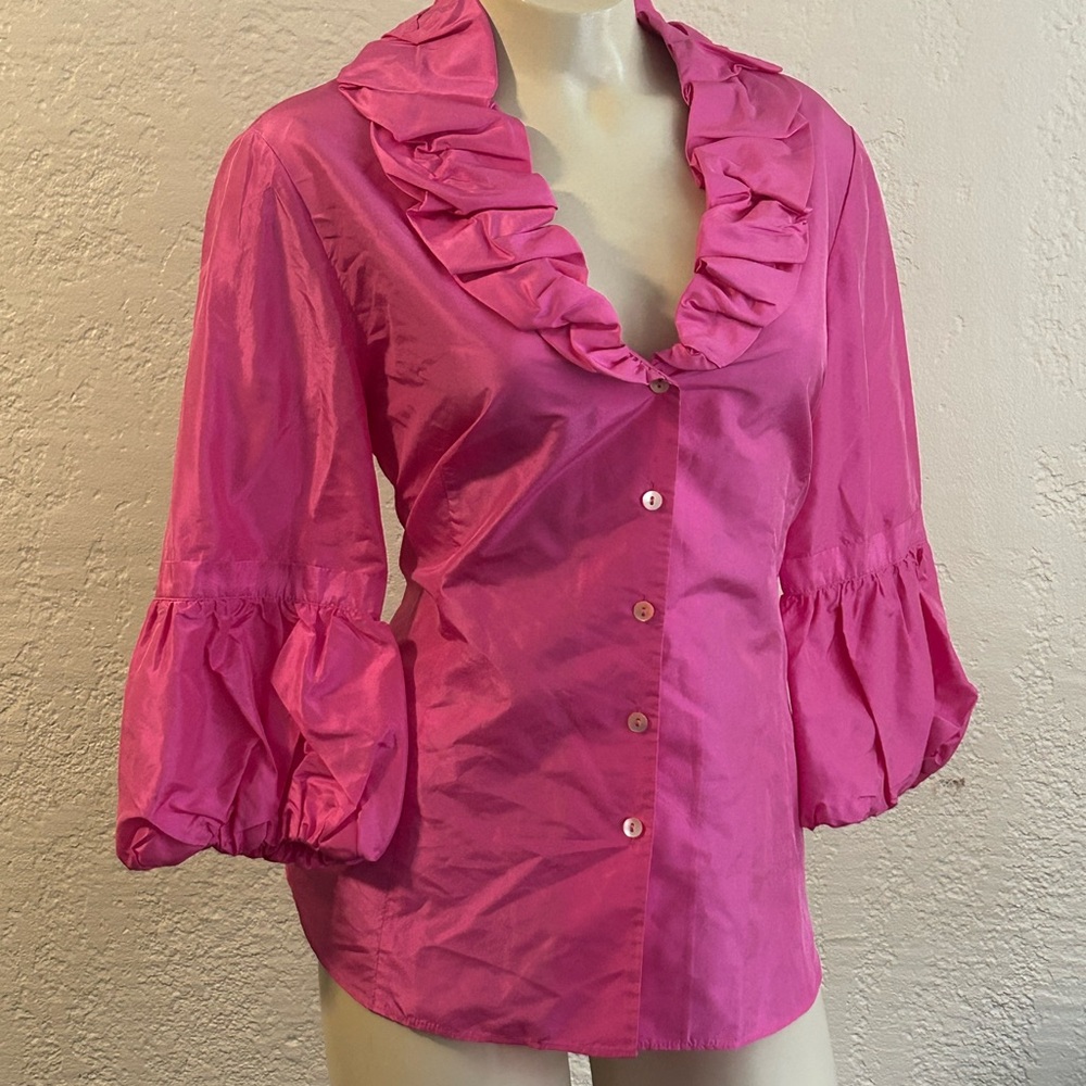 Lafayette 148 New York Pink Ruffled Puff Sleeve Blouse Sz 10 - Picture 2 of 9